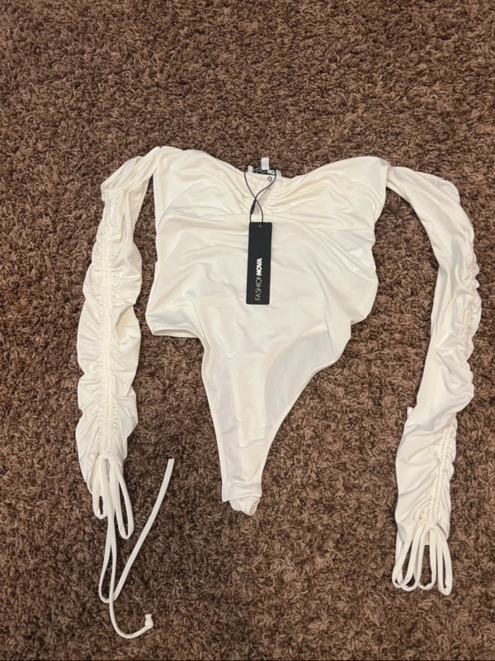 White Off-Shoulder Ruched Long Sleeve Bodysuit